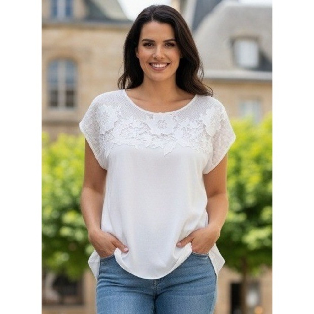Casual Express Floral Lace Sheer Top Women's XXL White Boho Minimalist Rayon